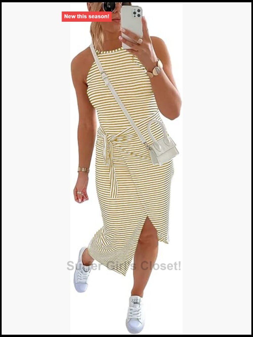 Sleeveless Striped Ruched Tie Waist Midi Bodycon Dress